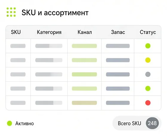 Таблица SKU и ассортимента: категория, канал, запас и статус